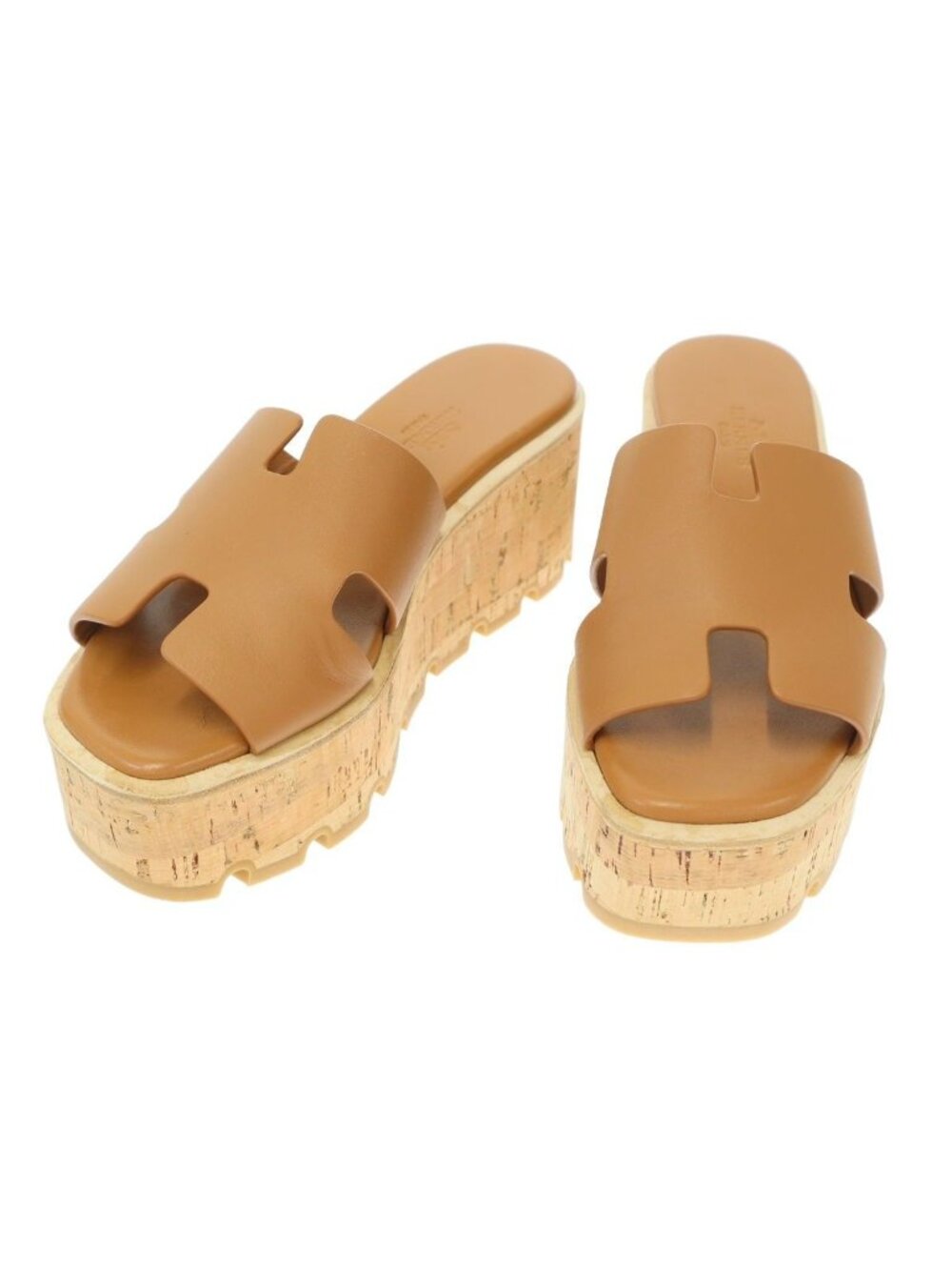 Hermes Eze Platform Cork Sole Leather Sandals Brown